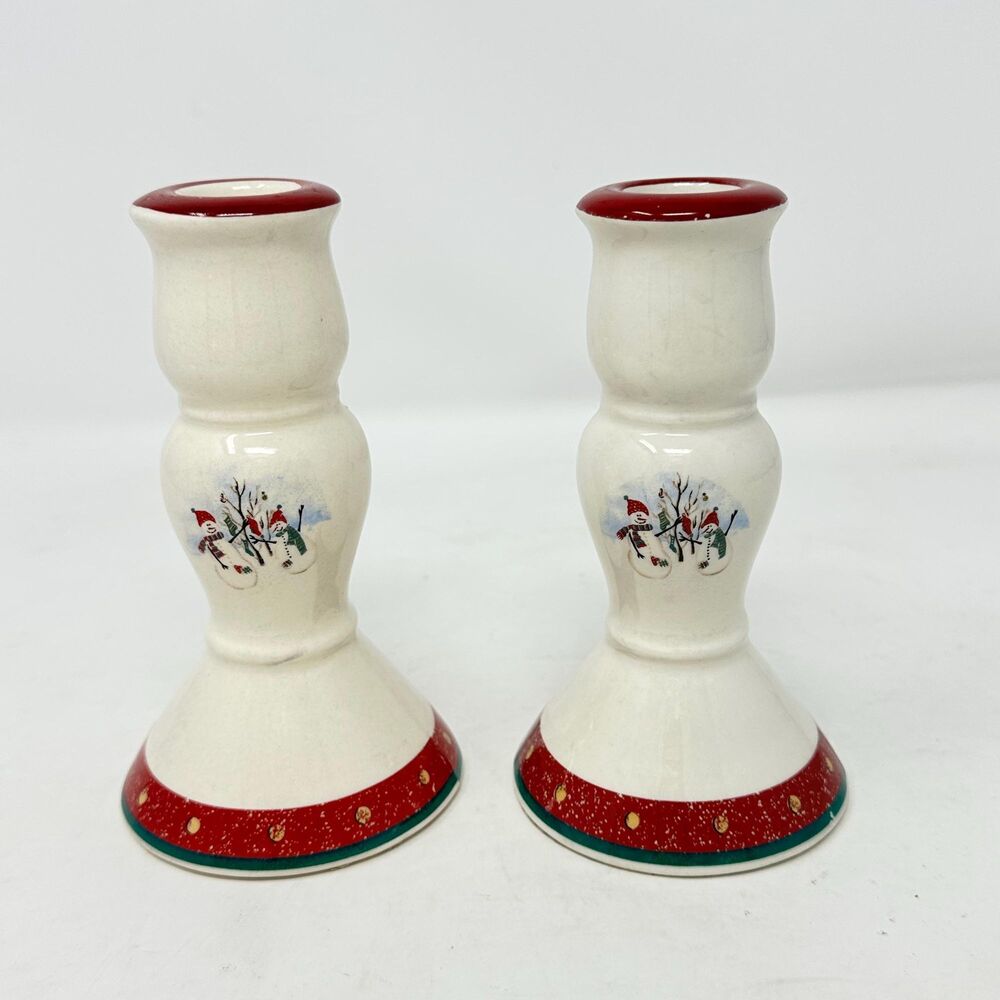 Royal Seasons Snowman Candle Holders Ceramic Taper Vtg Holiday Christmas Decor